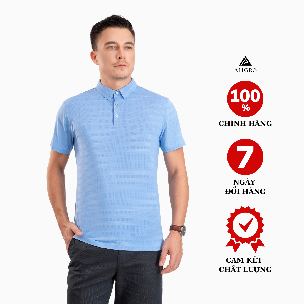 Áo polo golf nam ngắn tay ALIGRO chất vải coolmax kẻ ngang màu xanh blue năng động ALGPLO117