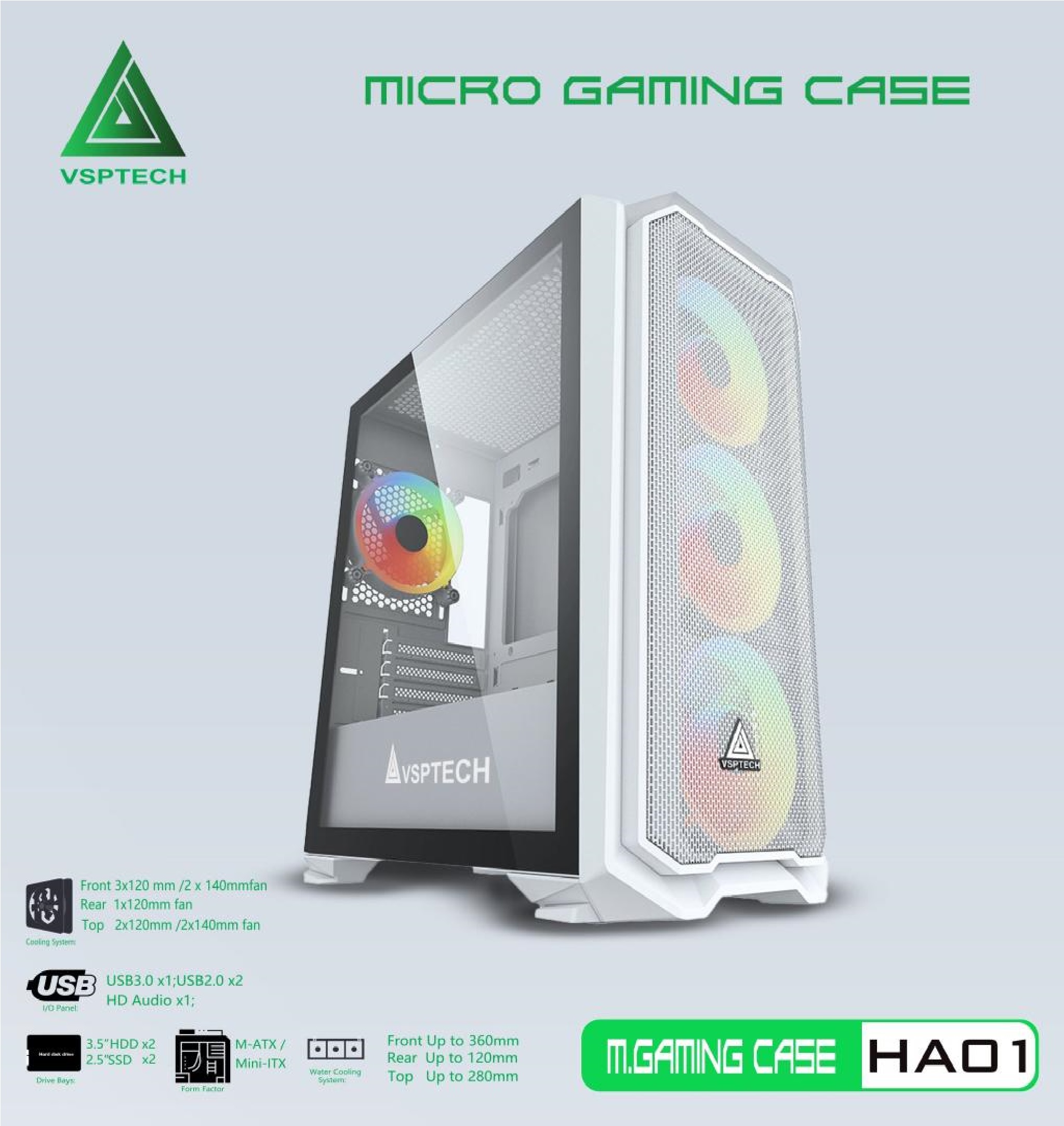 Case Gaming VSP HA01 Mini Tower (Trắng) - Hàng chính hãng