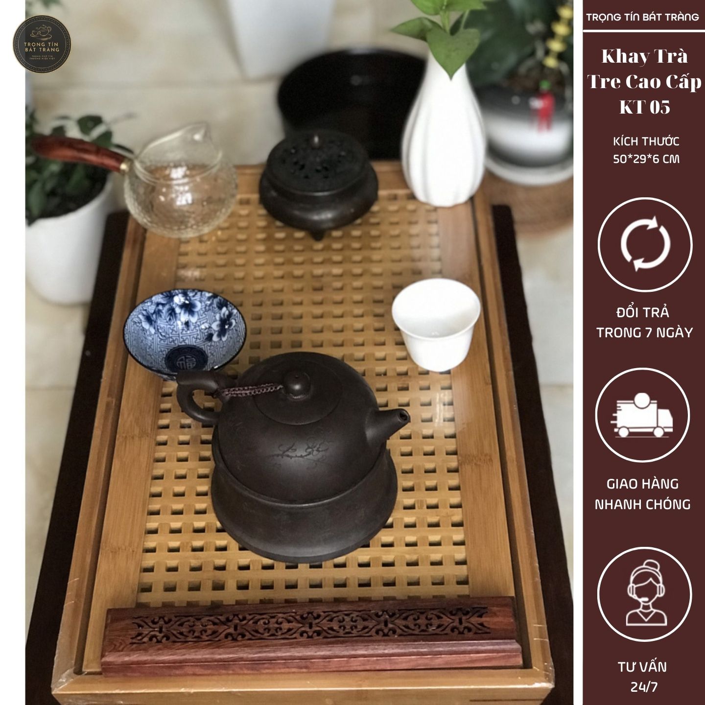 KT 05 Khay Trà Tre Cao Cấp Chữ Nhật Kích Thước 50*29*6