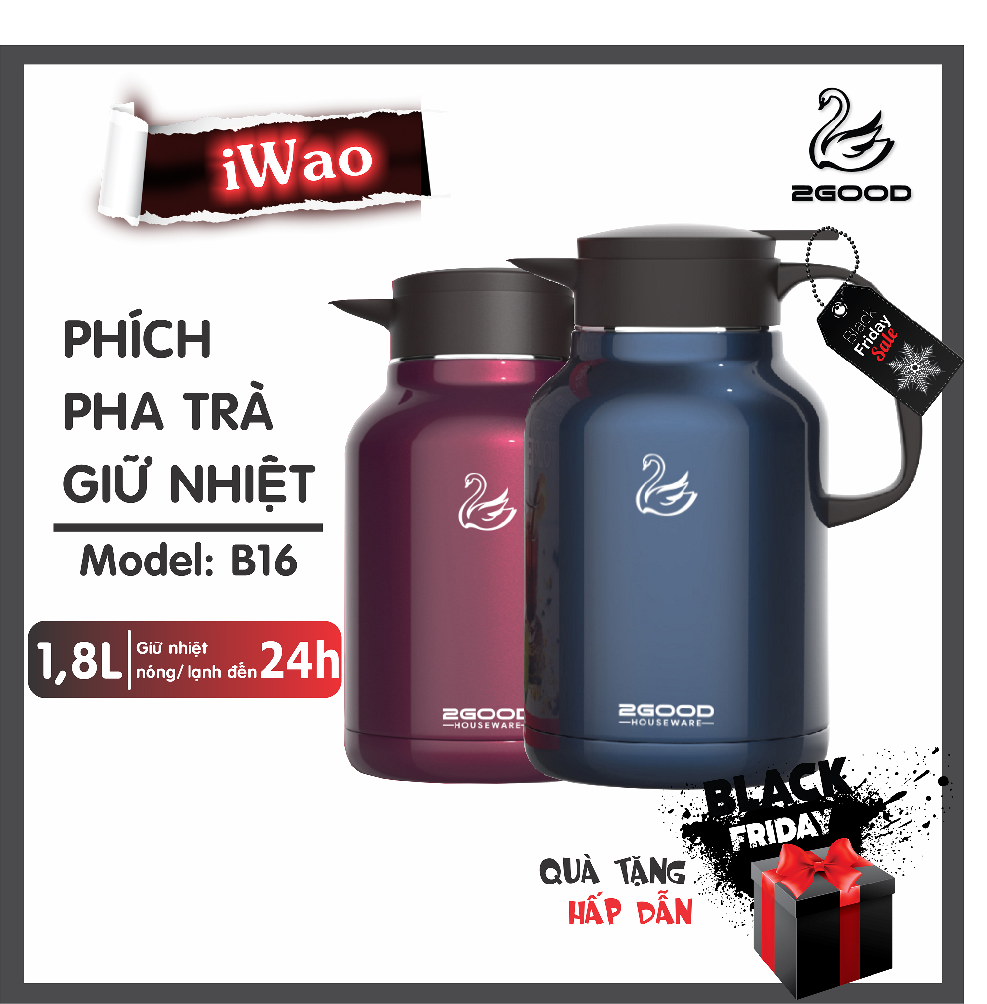 Phích Pha Trà, Bình Giữ Nhiệt, Bình Ủ 2GOOD B16 (1.8L) Hàng Chính Hãng 2GOOD Giữ Nhiệt Nóng Lạnh Suốt 24h