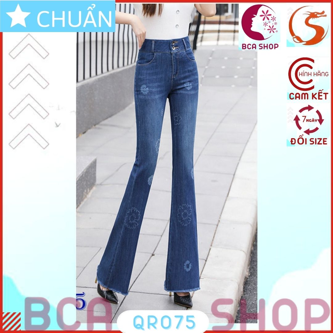 Quần jean nữ ống loe QRO75 ROSATA tại BCASHOP dáng dài thêu hoa, lưng cao 2 nút, phom chuẩn, chất liệu jean - xanh đậm