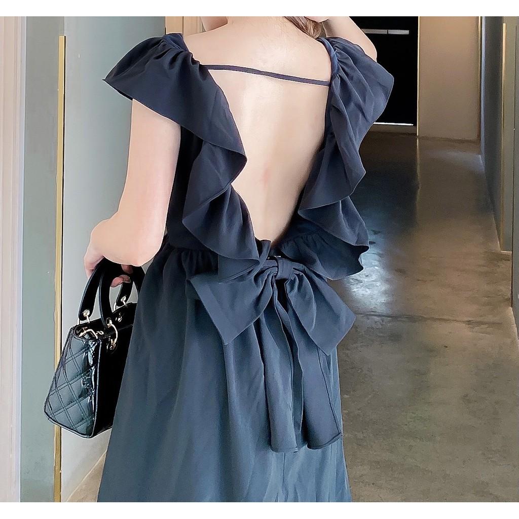 ĐẦM BÈO VAI NHÚN NƠ SAU KHOÉT LƯNG CỔ VUÔNG DÁNG XÒE-hình thật shop chụp