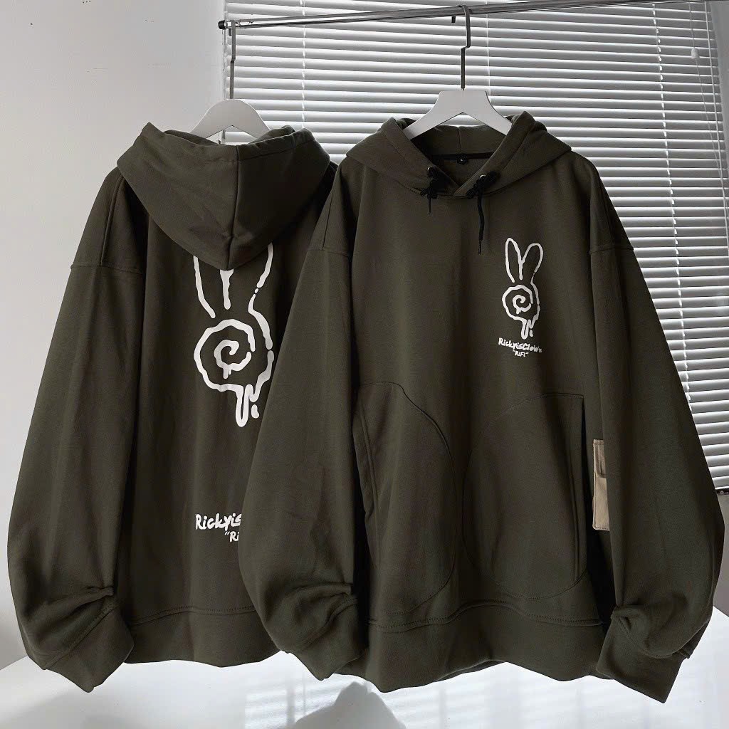 Áo Hoodie Thỏ RIFI Phối Túi Form Rộng Màu Rêu Unisex, Áo Khoác Hoodie Oversize Ulzzang Dáng Rộng chống nắng nón to