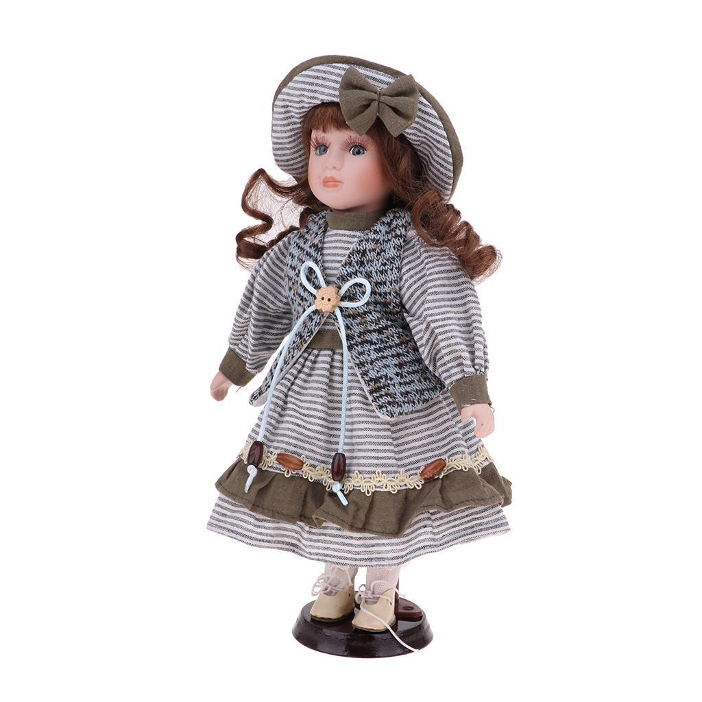 2x Lovely Porcelain Girl Doll People Figure with Gray Clothes Hat Set Gift