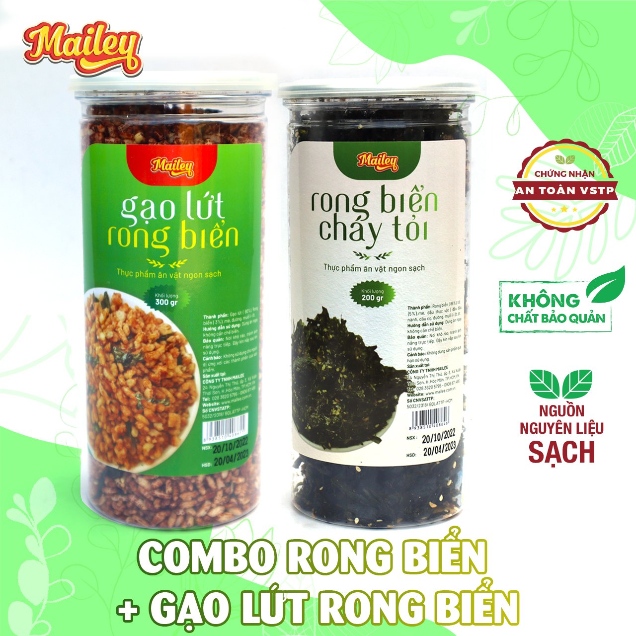 Combo Rong biển cháy tỏi 200g và Cốm gạo lứt rong biển 300g ăn liền Mailey