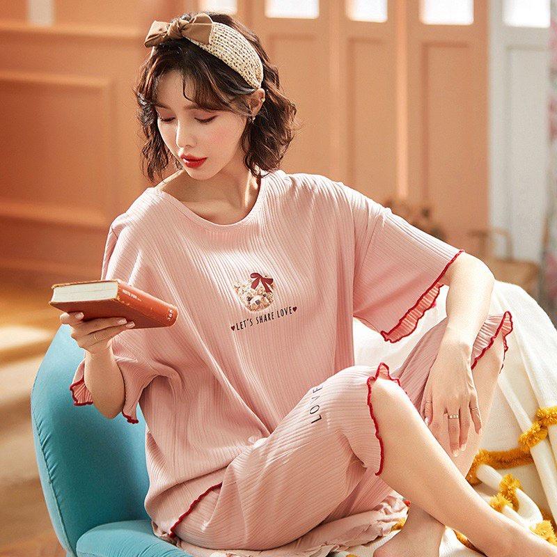 Bộ Mặc Nhà Pyjama Lửng Cộc Tay Cổ Tròn Cotton Co Dãn Mềm Mại