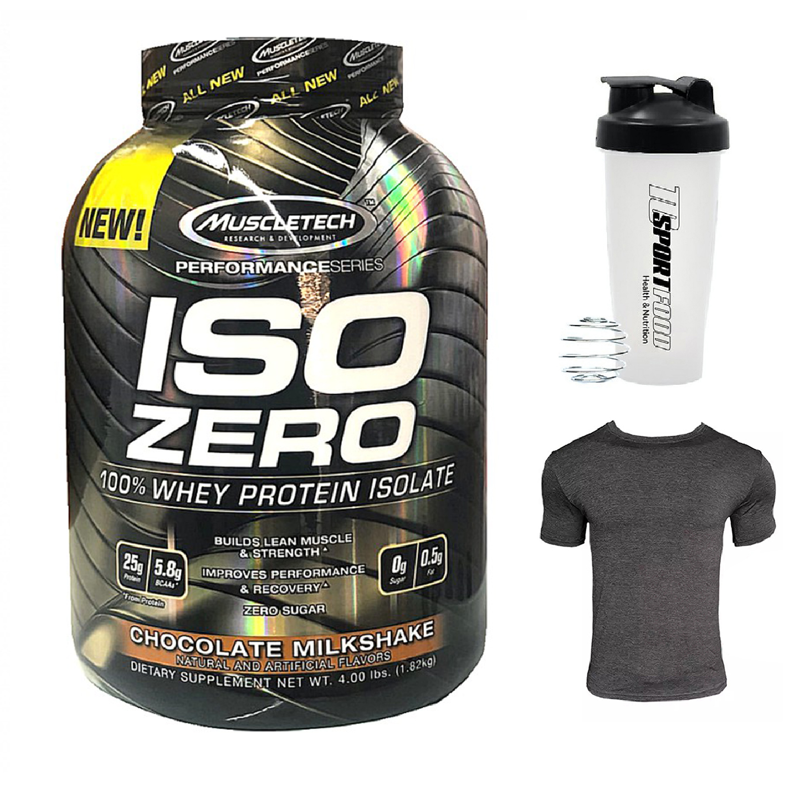 Combo Sữa tăng cơ ISO ZERO 100% Whey Protein Isolate của Muscle Tech hỗ trợ tăng cơ giảm cân đốt mỡ hương Chocolate hộp 4lbs & Bình lắc 600 ml (Màu Ngẫu Nhiên) & Áo Gym size M