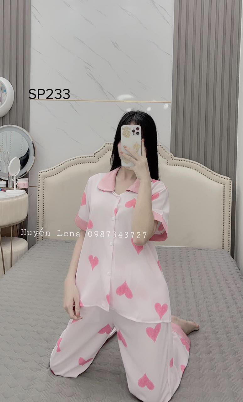 Bộ pijama cộc tay nữ lụa latin cao cấp, bộ ngủ nữ họa tiết tim vải siêu xịn DC07