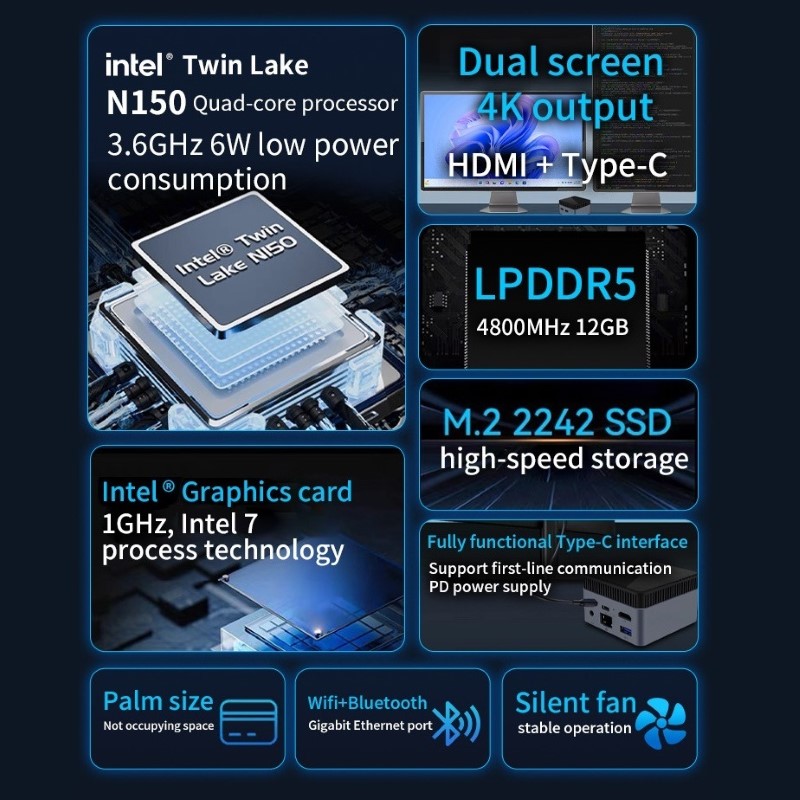Máy Tính Siêu Nhỏ Ultra Mini Morefine ZX01 Plus - Intel thế hệ 12 Twin Lake N150 - Hỗ Trợ Xuất Hình 4K 60hz hàng nhập khẩu