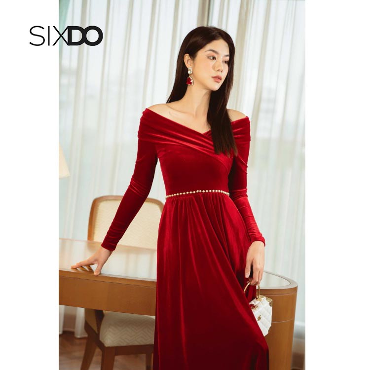 Đầm trễ vai nhung sang trọng SIXDO ( không kèm belt