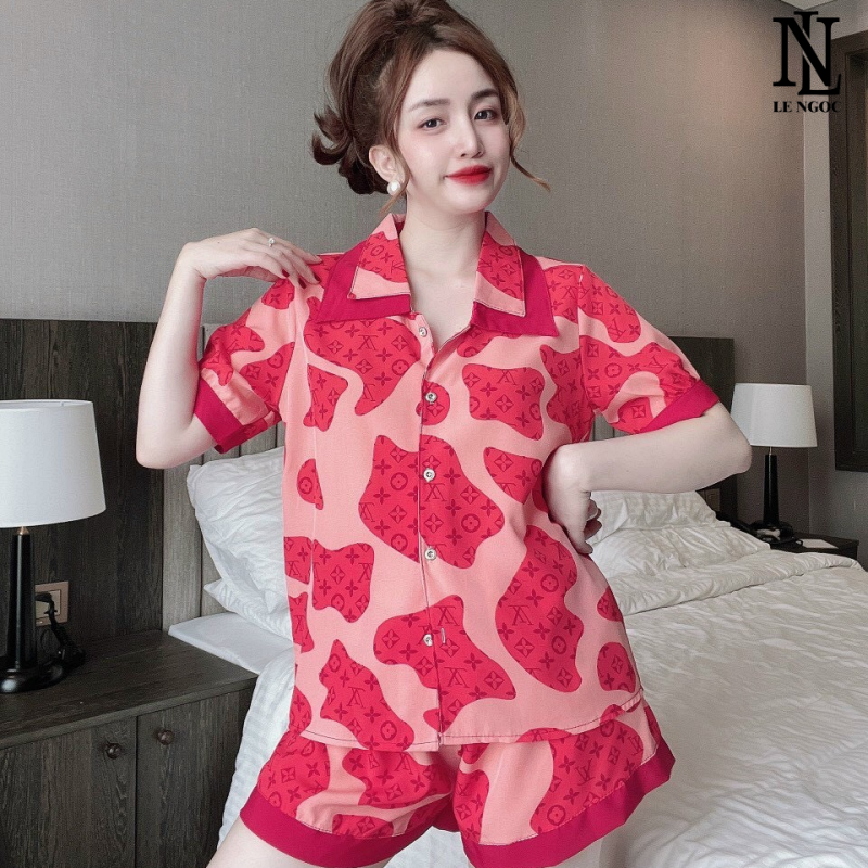 Bộ đồ mặc nhà nữ,  đồ pijama nữ cộc tay quần đùi chất liệu lụa 100D xịn xò, bộ đồ ngủ nữ pyjama họa tiết sang trọng CC10