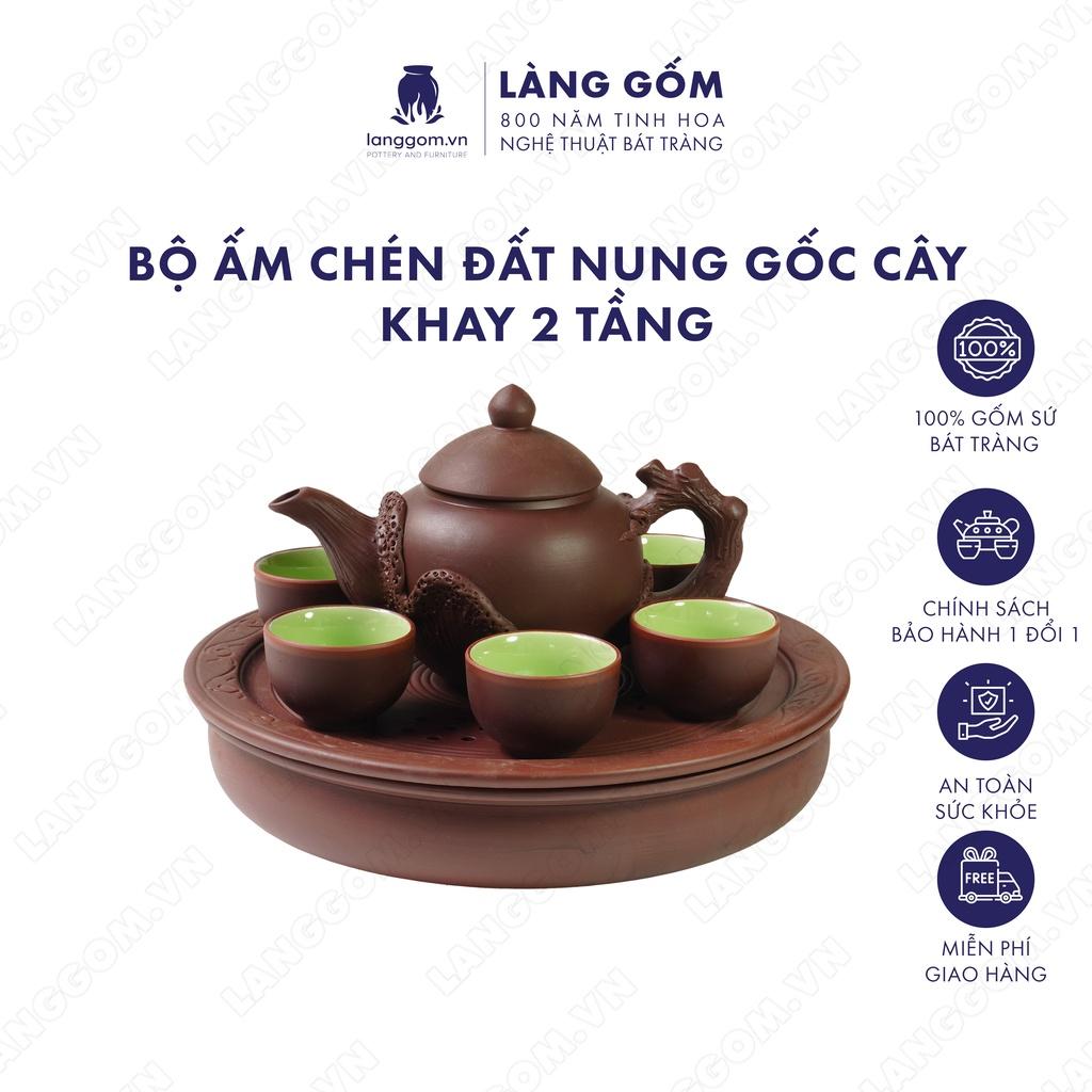 Bộ ấm chén đất nung gốc cây + khay 2 tầng - Men mộc - Gốm sứ Bát Tràng - langgom.vn
