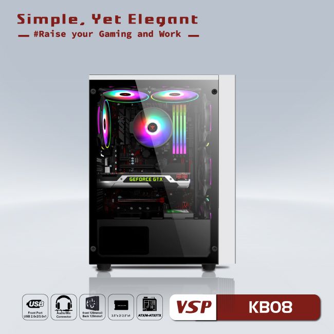 VỎ CASE MÁY TÍNH VSP KB08 CÓ SẴN LED RGB - ESPORT GAMING - HT - HÀNG CHÍNH HÃNG