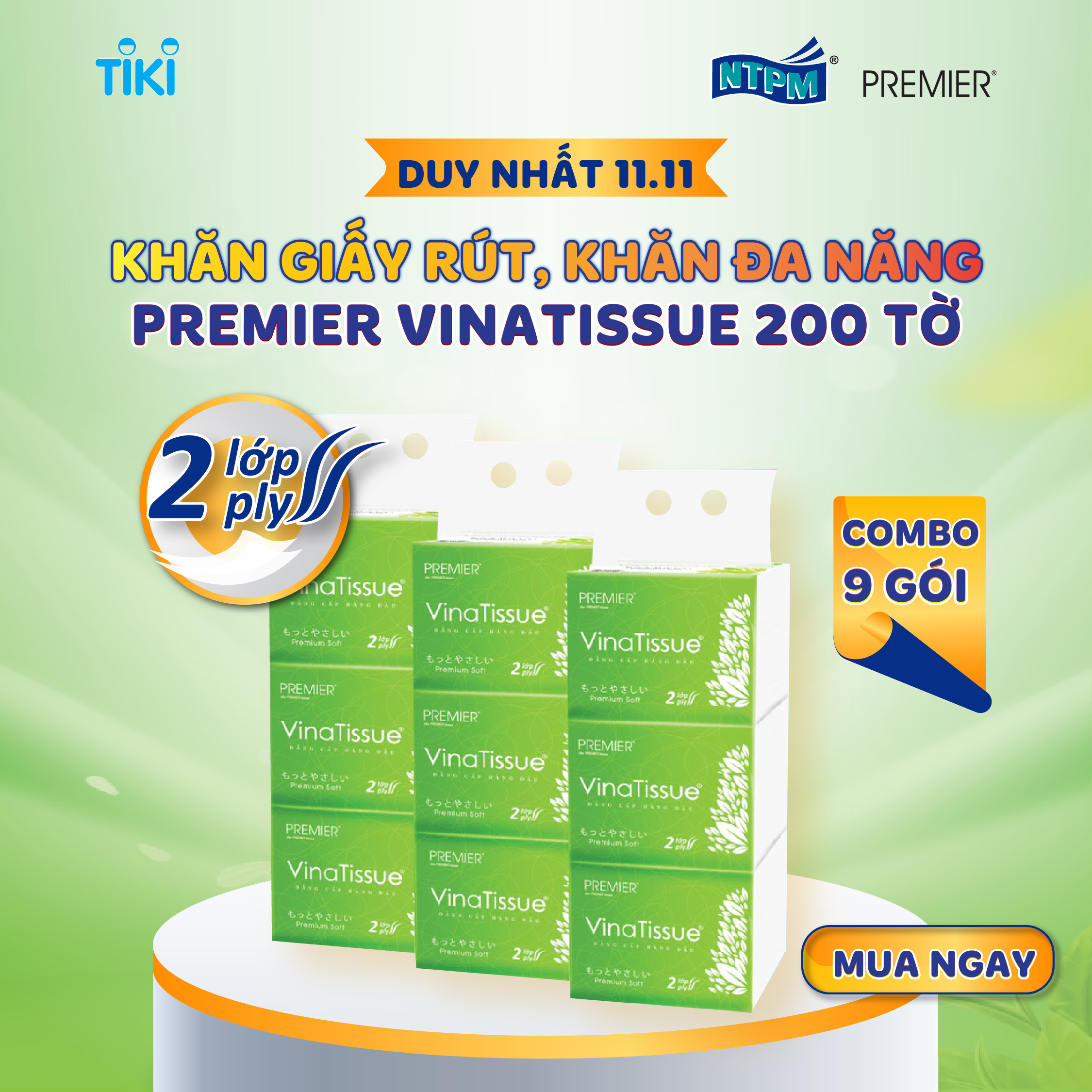Combo 12 Gói Khăn Giấy Rút, Khăn Đa Năng Premier Vinatissue 2 Lớp 100 Bột Giấy Nguyên Sinh, Không Chất Tẩy Gói 200 Tờ