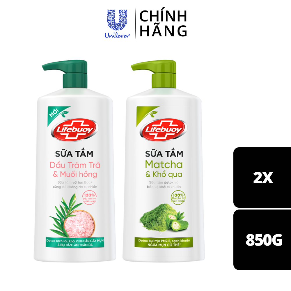 Combo 850g (chai) x2 Sữa tắm Lifebuoy Detox và Bảo vệ khỏi vi khuẩn : Matcha &amp; Khổ qua, Dầu Tràm trà &amp; Muối hồng