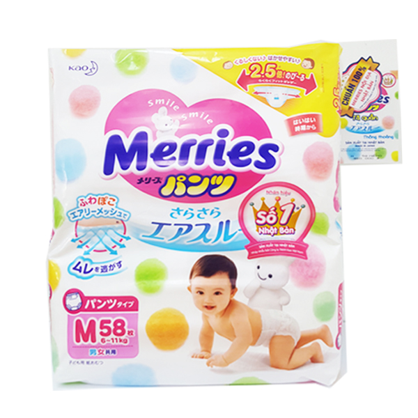 Tã/Bỉm Quần Merries Size M 58 miếng (dành cho bé 6 - 11 kg)