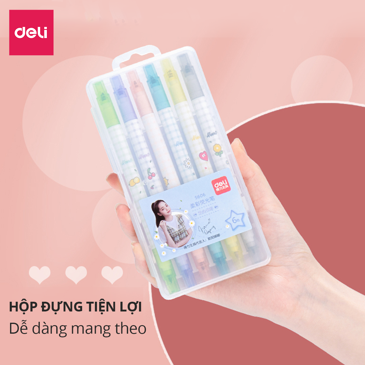 Set 6 Chiếc Bút Highlight Hai Đầu Bút Nhớ Dòng Đánh Dấu Dạ Quang Take Note Ghi Chú Deli -  Nét Trơn Mượt, Màu Tươi Sáng - S606 S740