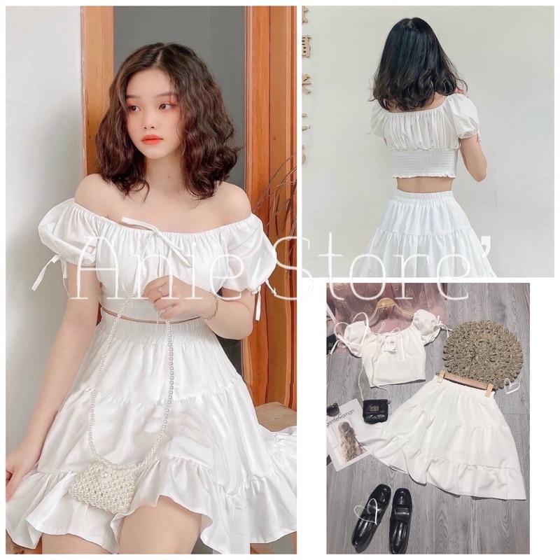 Bộ Áo Croptop Nữ Cổ Vuông Chân Váy Xòe Trắng siêu xinh