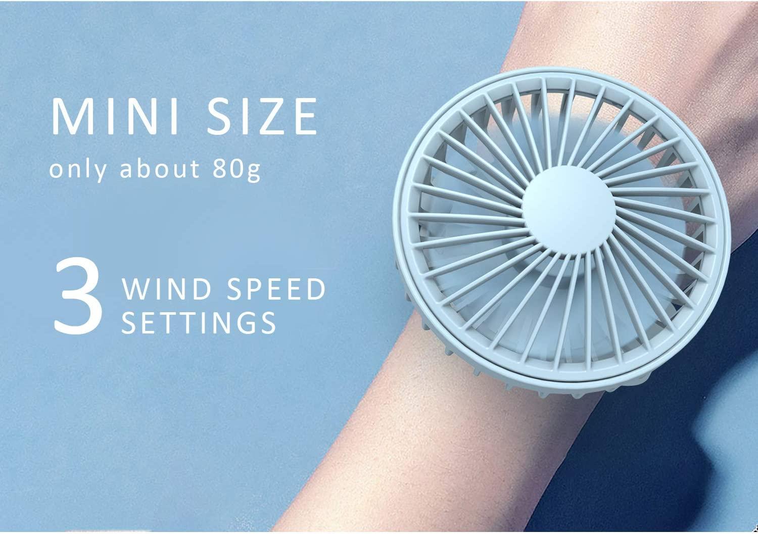 Quạt cổ tay mini cá nhân, Quạt bỏ túi 3 tốc độ với dây đeo cổ tay có thể điều chỉnh, sạc USB có thể tháo rời