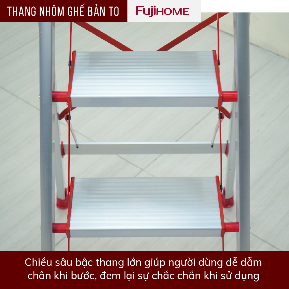 Thang ghế nhôm chữ A tay vịn bản to 6 bậc 1,9m xếp gọn Nhật Bản Fujihome chống trượt, Ghế thang chữ A thắp nhang gia đình đa năng rút gọn inox 1m9 mét step stool ladder