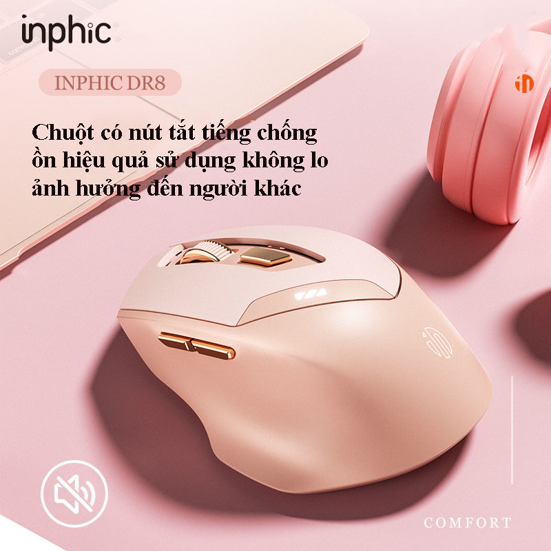 ￼Chuột máy tính không dây TEKKIN INPHIC DR08 màu hồng cute dành cho nữ văn phòng game thủ tắt âm chống ồn silent - hàng nhập khẩu