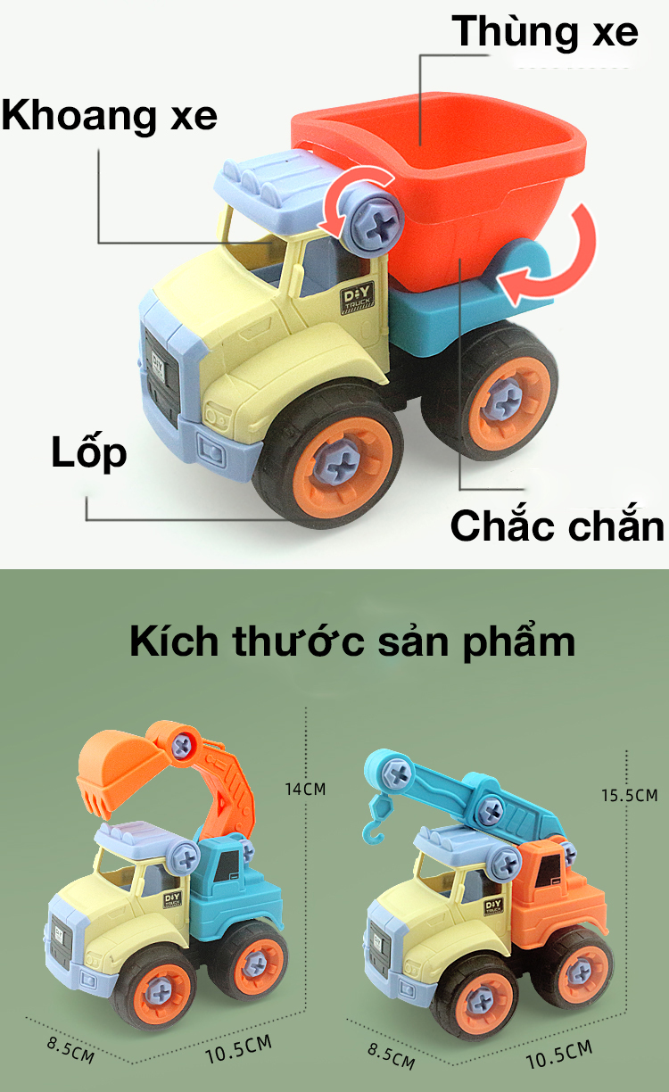 Đồ chơi lắp ghép xe công trình KAVY gồm 4 xe kèm vít, rất nhiều màu sắc, nhựa nguyên sinh an toàn