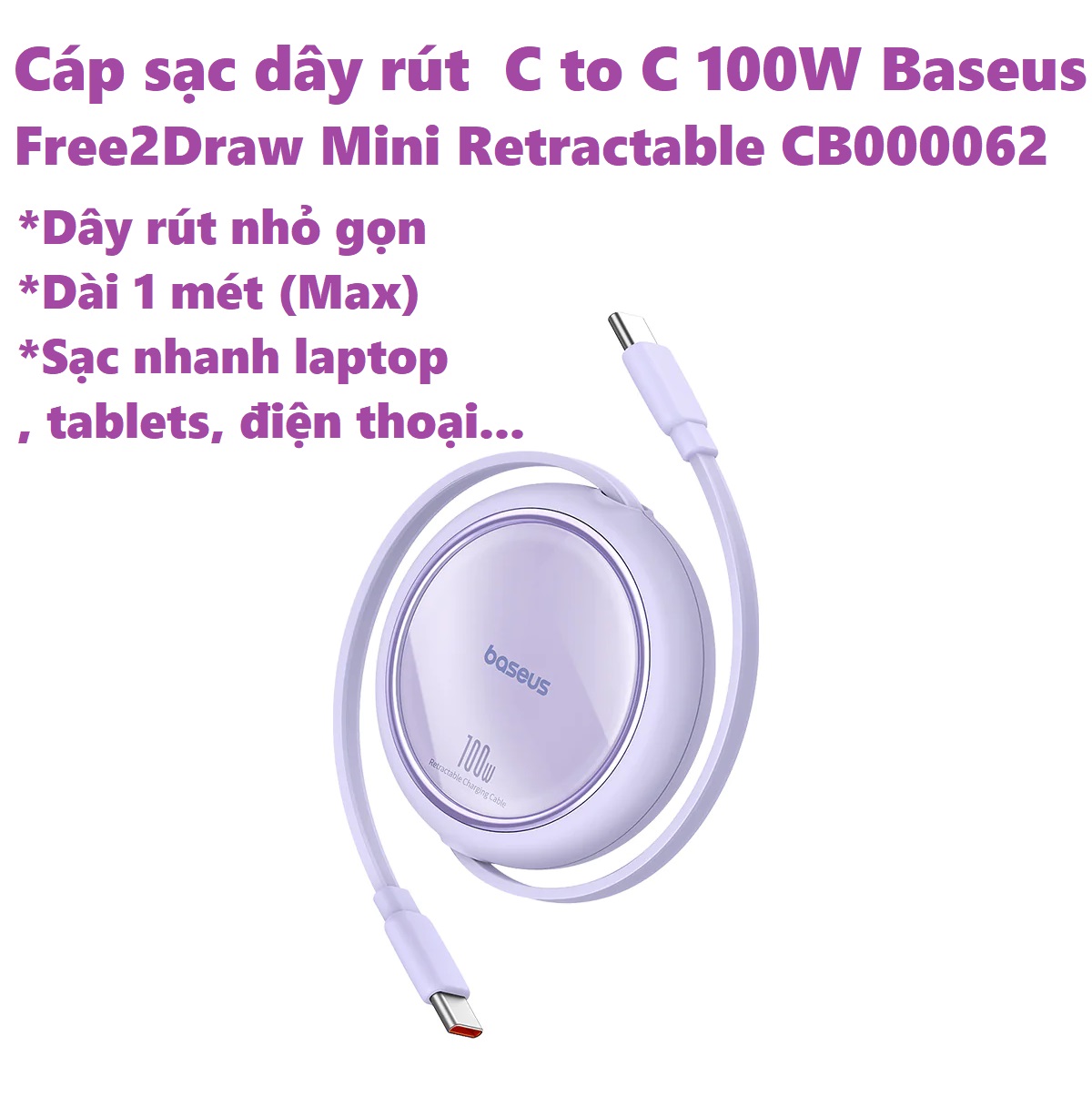 Cáp sạc dây rút C to C 100W cho macbook laptop Baseus Free2Draw Mini Retractable CB000062 _ hàng chính hãng