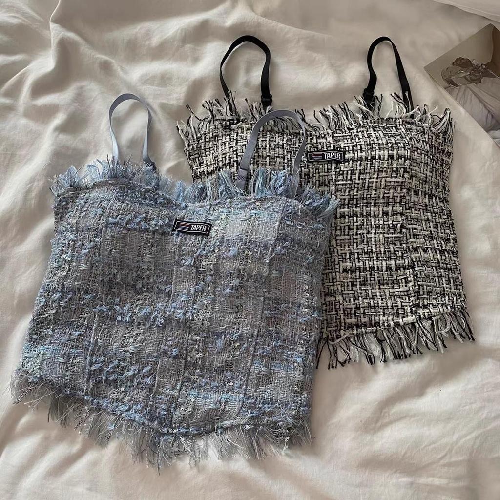 M77. Áo 2 dây dạ tweed kẻ siêu đẹp, áo kiểu nữ croptop sang chảnh 2022 (có sẵn - miễn ship)