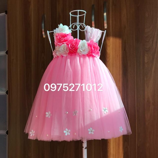Đầm tutu cho bé ️FREESHIP️ Đầm tutu hồng phấn đính hoa hồng trắng hồng xen kẽ
