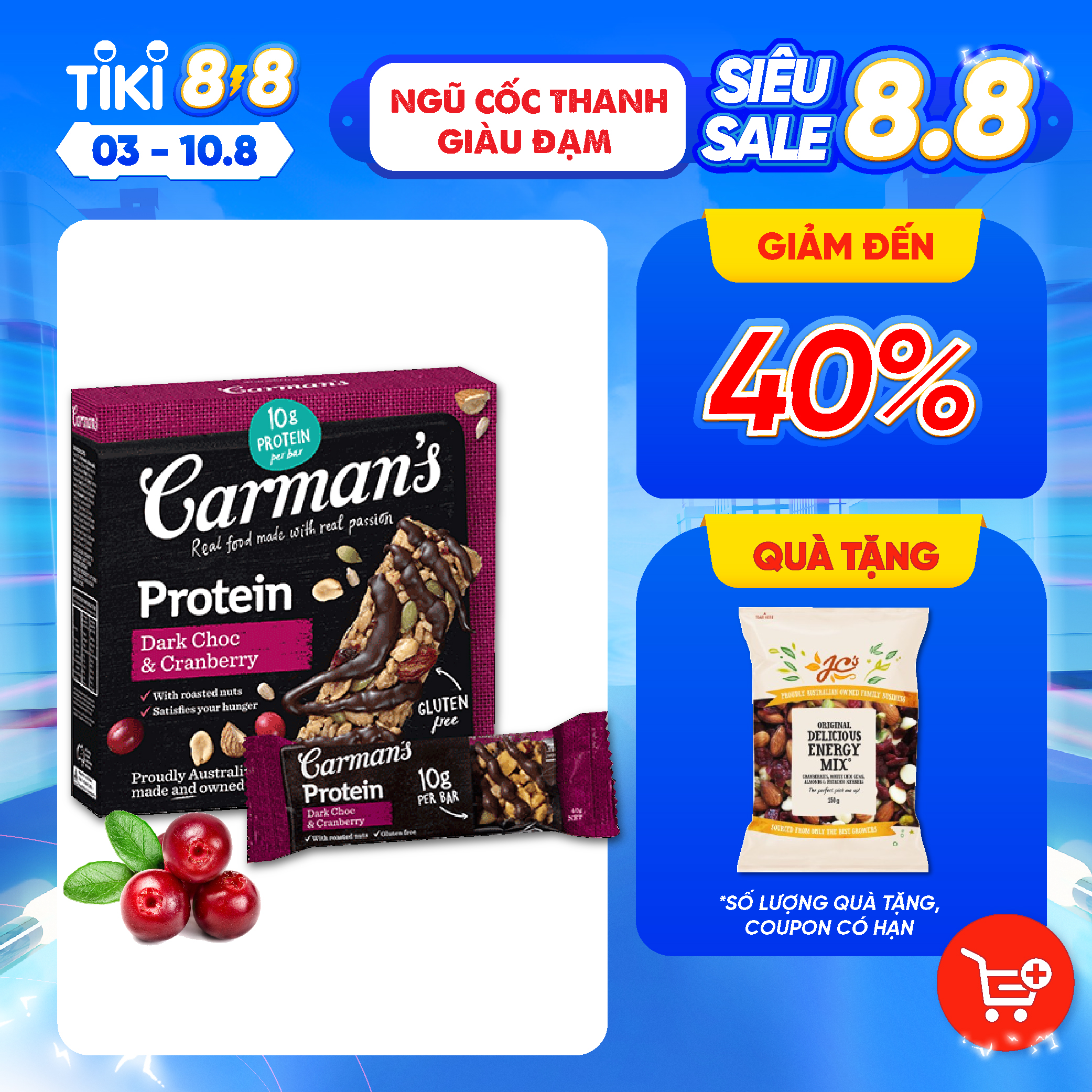 Thanh Giàu Đạm Carman's Protein Bar Dark Choc, Cranberry - 200g