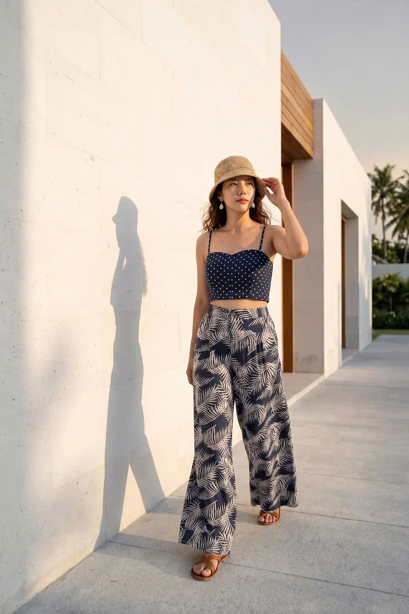 Quần Ống Rộng Linen Lá Cọ Xanh Navy Pan055 Thời trang Hity