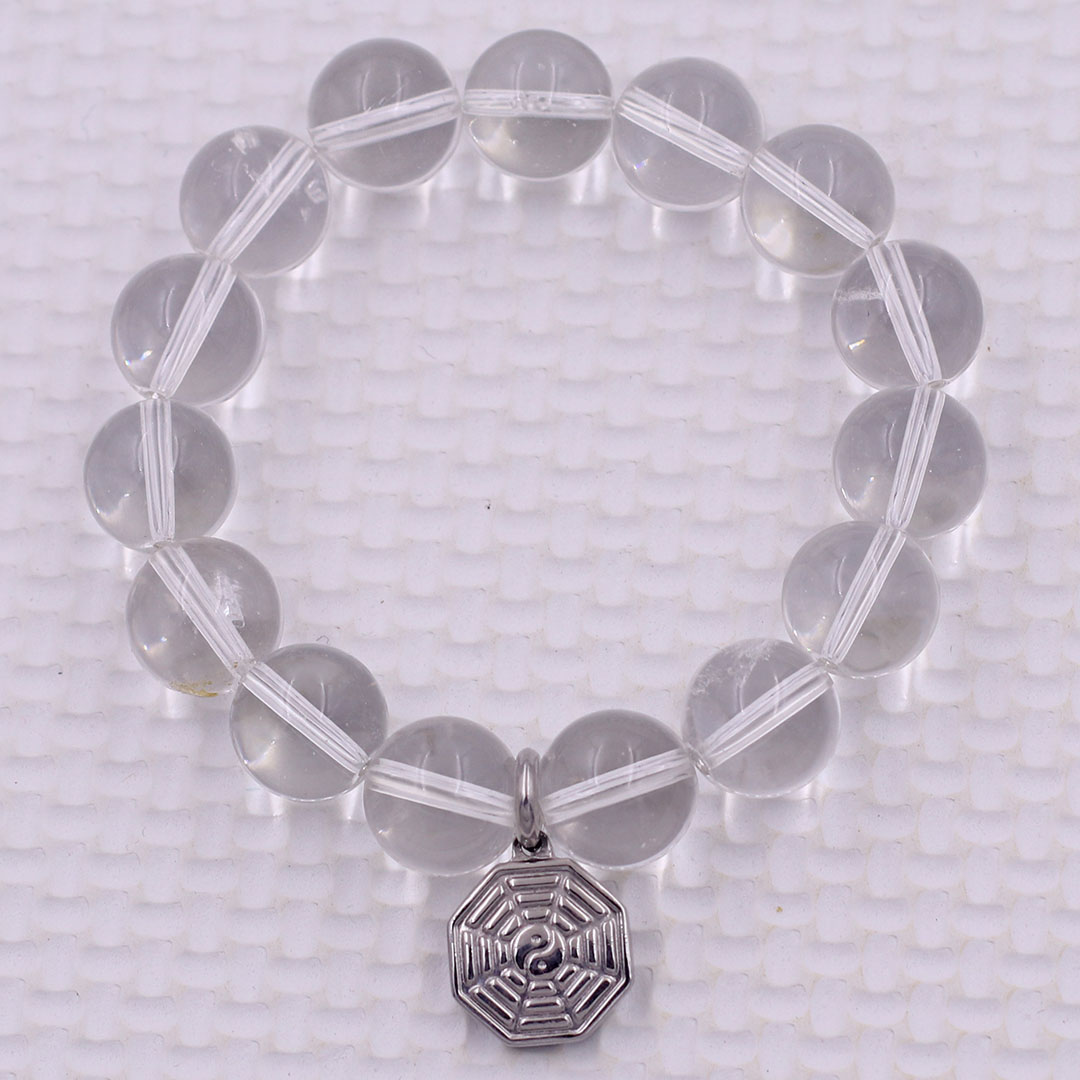 Vòng chuỗi đeo tay pha lê trắng charm bát quái inox, vòng tay hạt chuỗi, vòng chuỗi phong thủy, vòng tay nam nữ