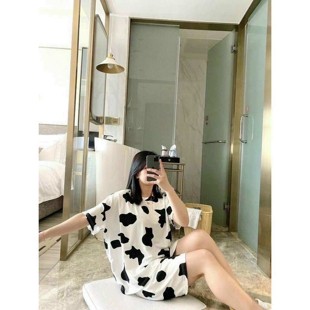 Set Bộ Thun In Hình Bò Sữa Tay Lỡ Kèm Quần Short Unisex Siêu Hot Hit