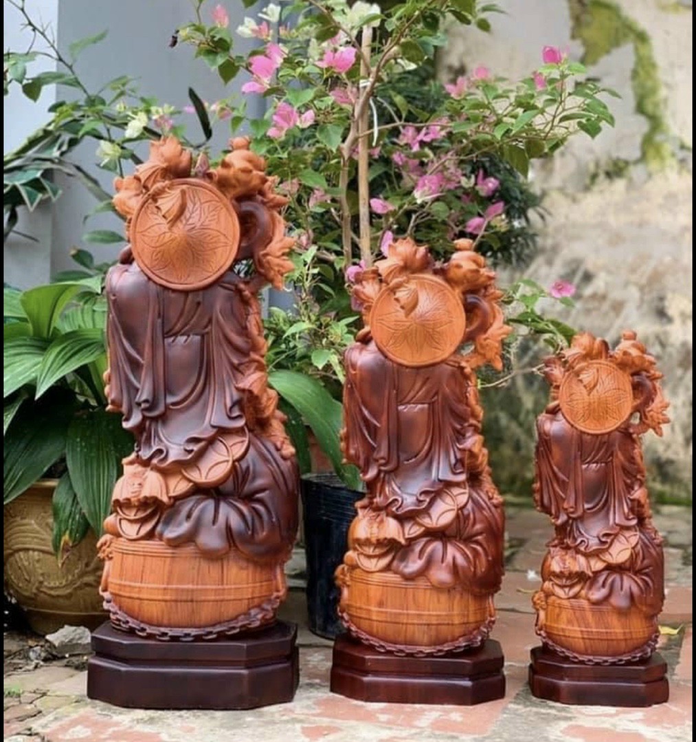 Tượng phật di lặc ngũ phúc bằng gỗ hương đá tô mầu giả cổ kt 50×19×12cm