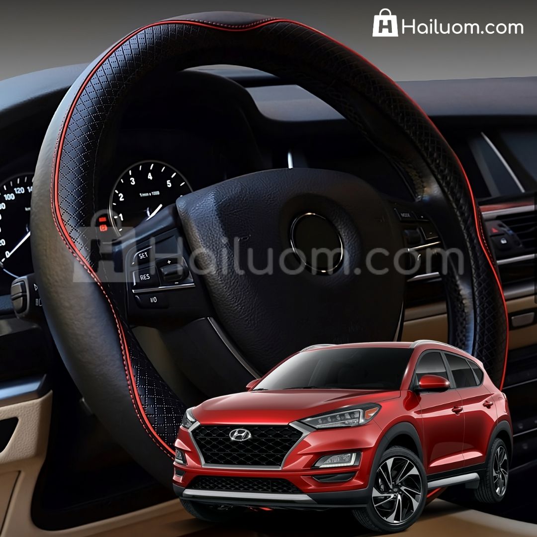 Bọc Vô Lăng ô tô cho HYUNDAI TUCSON Da Thật Cao Cấp - Màu Đen Chỉ Đỏ