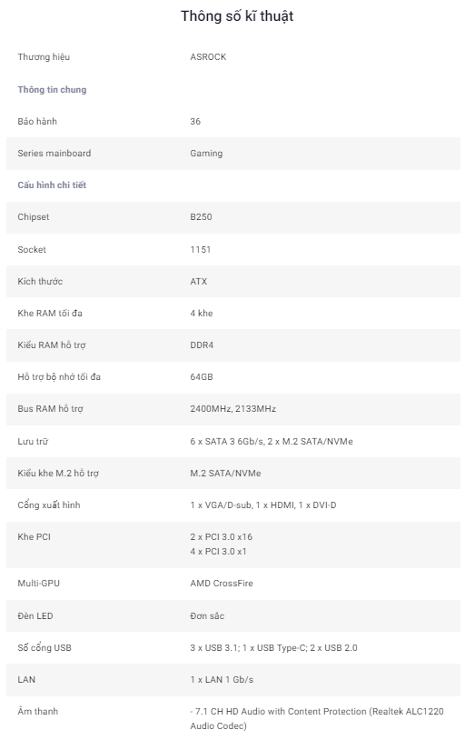 Mainboard ASROCK B250 Gaming K4  Hàng Chính Hãng