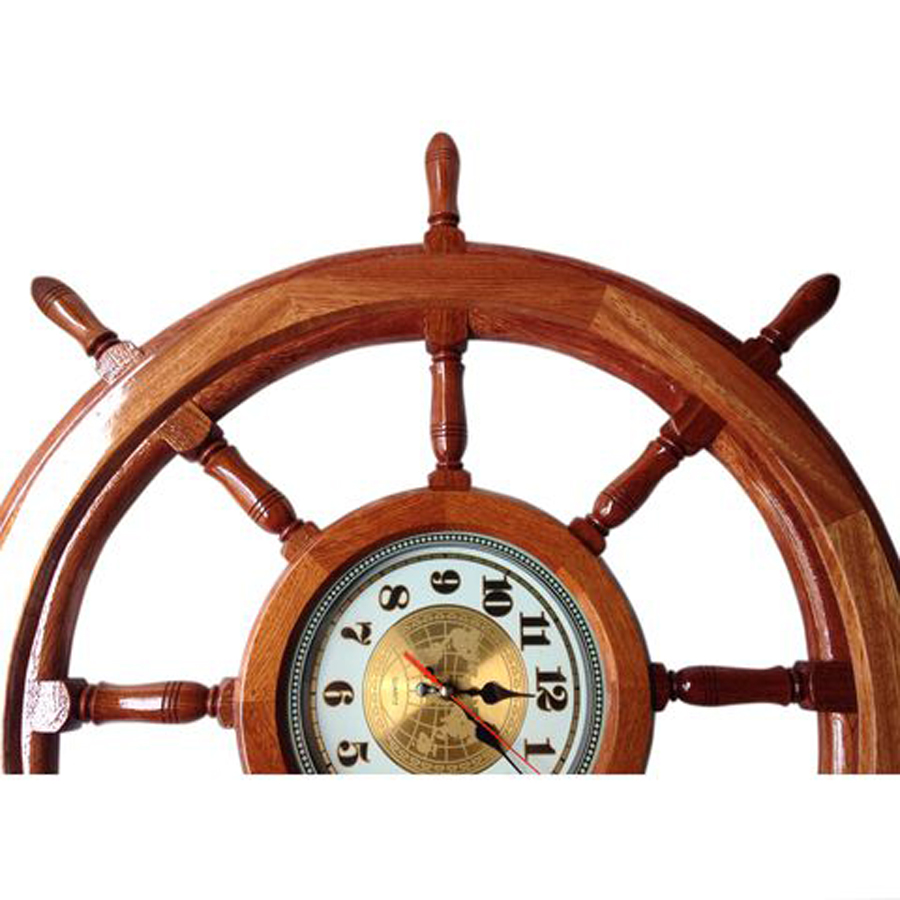 Bánh lái tàu gỗ treo tường - Vô lăng tàu gỗ trang trí Ø80cm - có đồng hồ - Gỗ căm xe