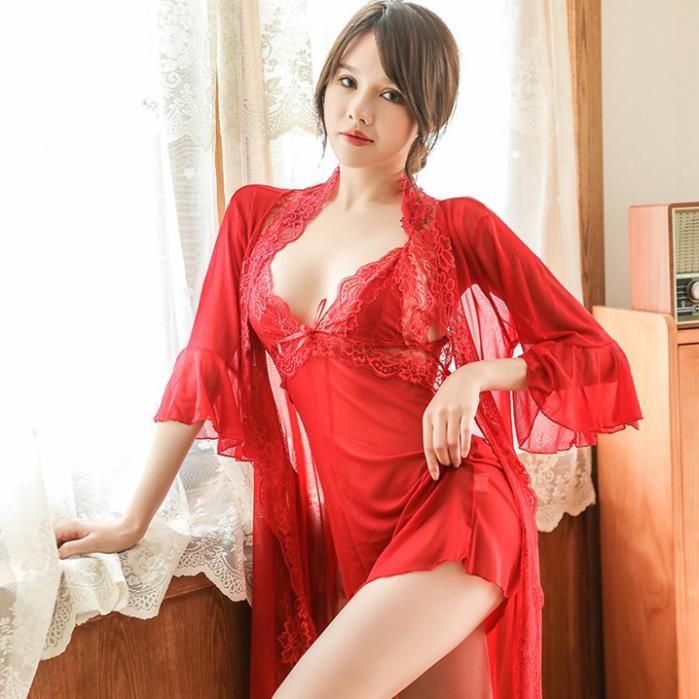 Váy ngủ xuyên thấu chéo lưng phối ren gợi cảm kèm Áo choàng tay bèo dễ thương   *