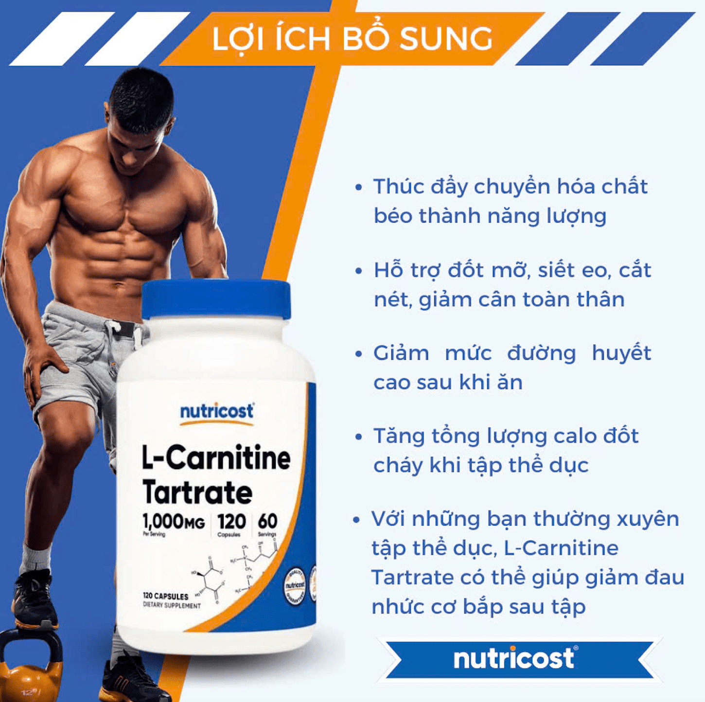 Viên Uống Giảm Mỡ Nutricost L-Carnitine Tartrate (1000mg), Hỗ Trợ Đốt Mỡ, Bổ Sung Năng Lượng