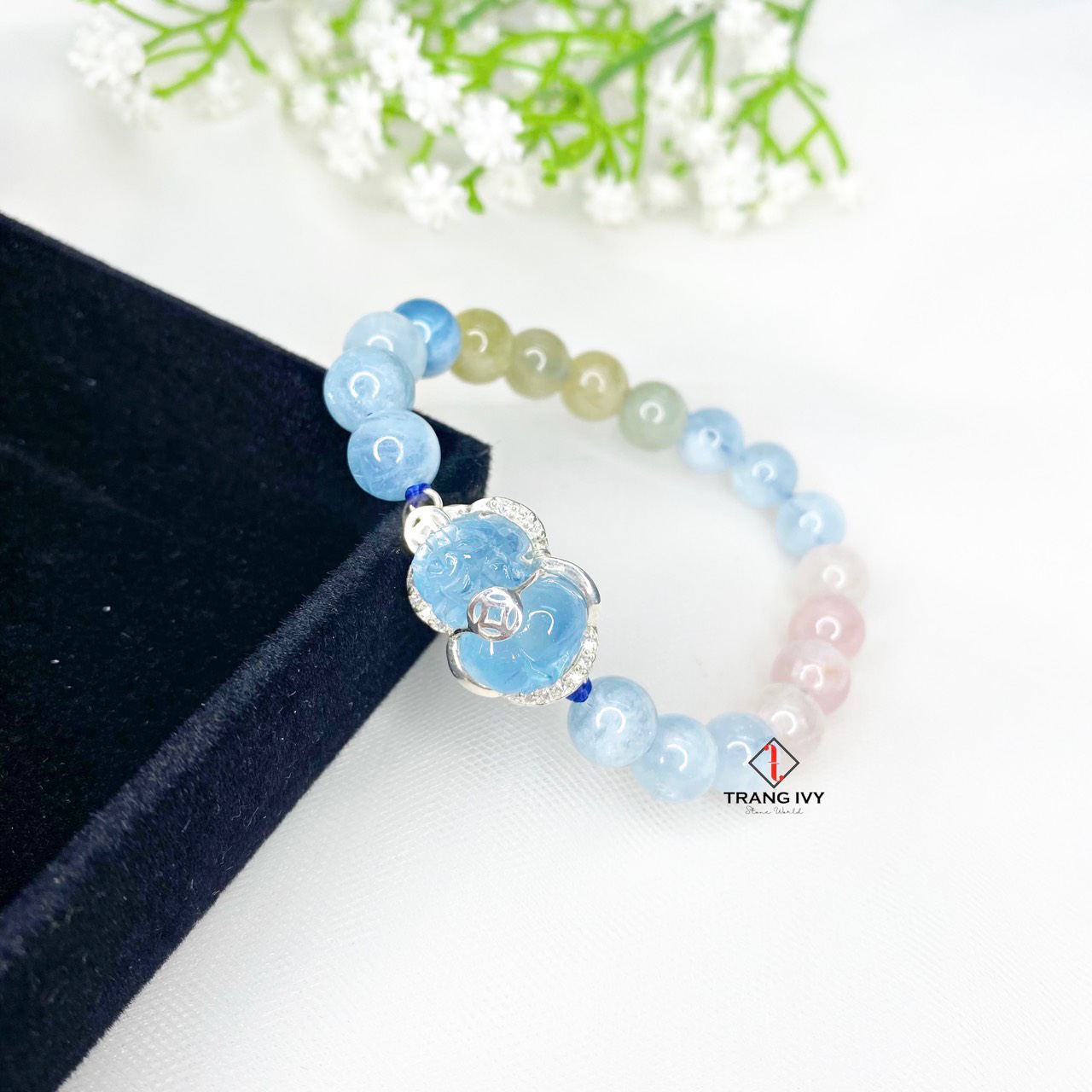 Vòng Tay Beryl Mix Tỳ Hưu Aquamarine Bọc Bạc