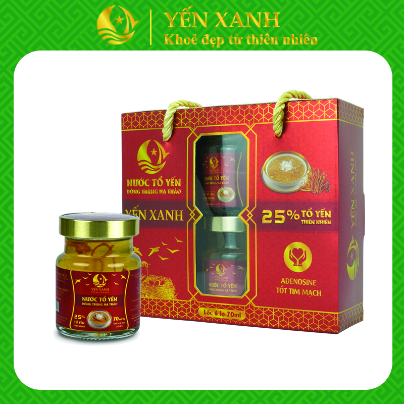 25% tổ yến - Nước tổ yến chưng đông trùng hạ thảo - YẾN XANH - Lốc 6 lọ x 70ml có quai xách