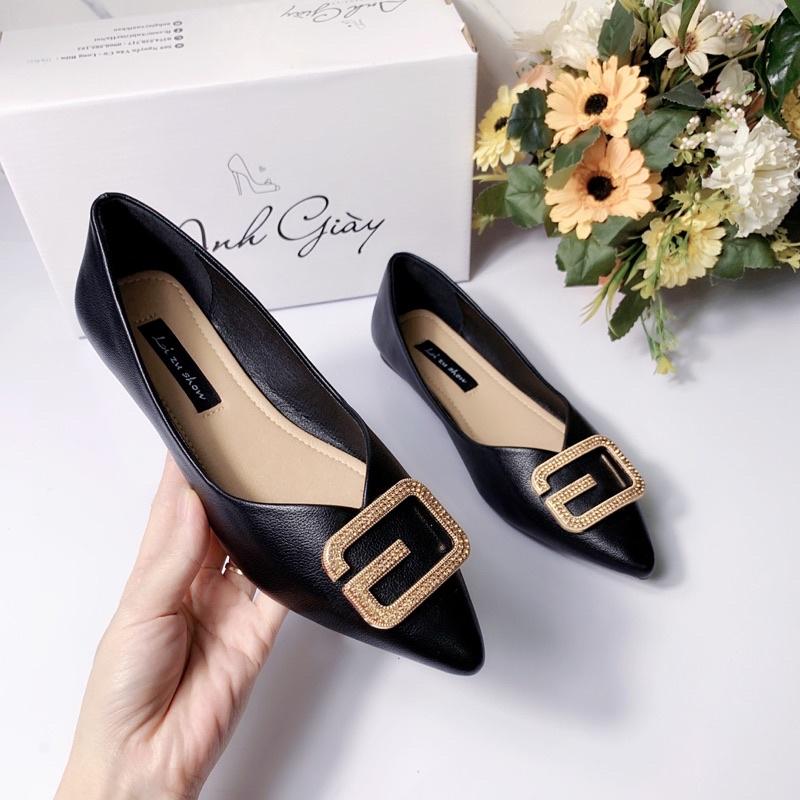 GB62 - Giày bệt nữ đế bằng, giày búp bê da lì mũi nhọn nơ khoá chữ G đế cao su dẻo phù hợp đi làm, đi chơi, đi học