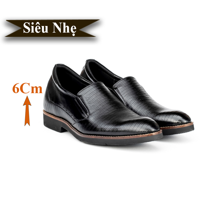 Giày Tăng Chiều Cao Nam Siêu Nhẹ T&TRA Tăng Cao 6Cm- S1085 Đen Dập Vân Sọc - Chất Liệu Da Bò Cao Cấp, Đế và Lót Tăng Cao Chất Liệu EVA Siêu Nhẹ, Trọng Lượng Nhẹ Hơn 30% So Với Đế Cao Su