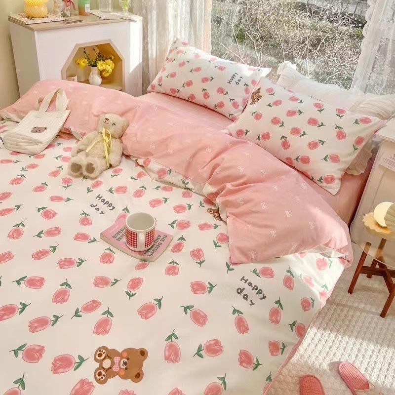 Bô Chăn Ga Gối Cotton Living 100%cotton Hàng Nhập Khẩu Cao Cấp 4 Món Hoa Nhí Hồng