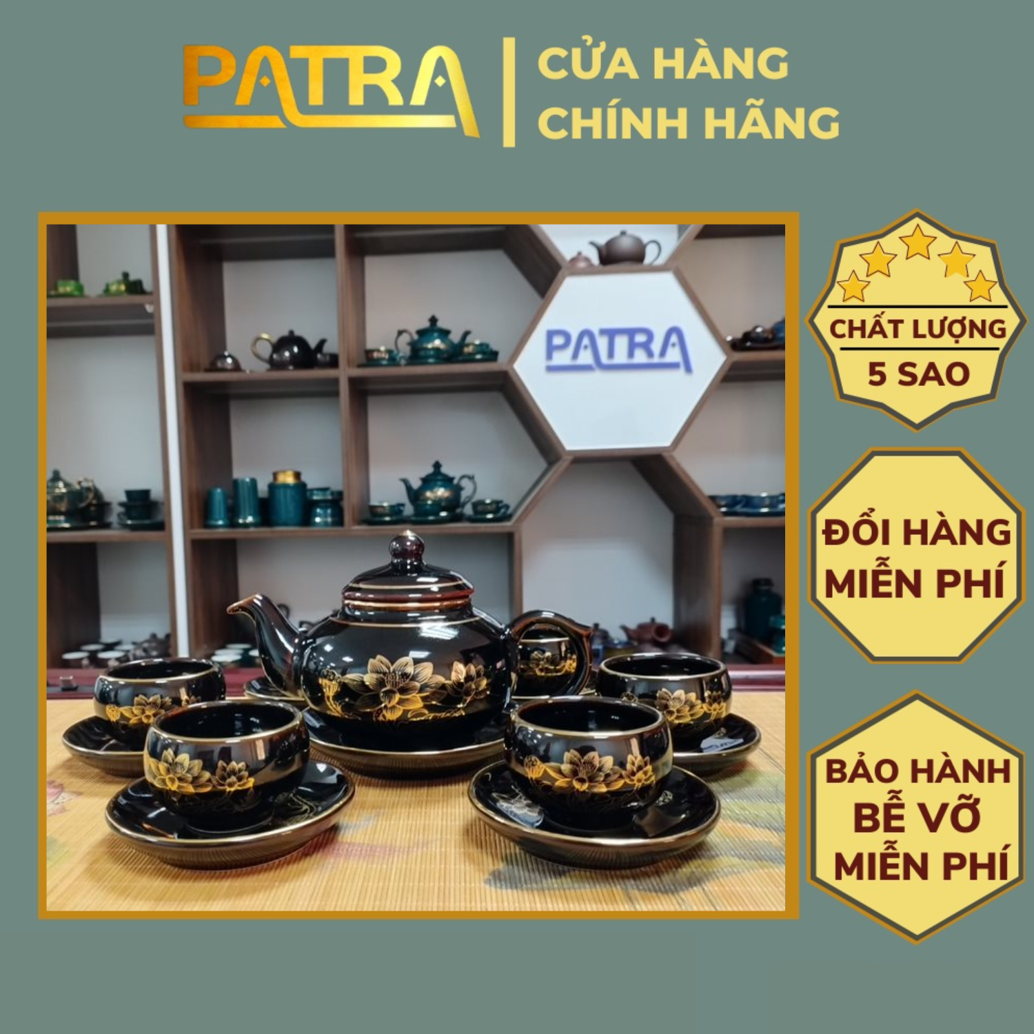 Bộ ấm chén uống trà cao cấp , bộ ấm trà Bát Tràng - hắc liên hoa