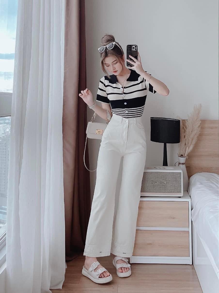 Quần jean trắng, quần bò ống suông nữ màu trắng ulzzang lưng cao viền lai thêu chữ D-I-0-R 2 ống thời trang
