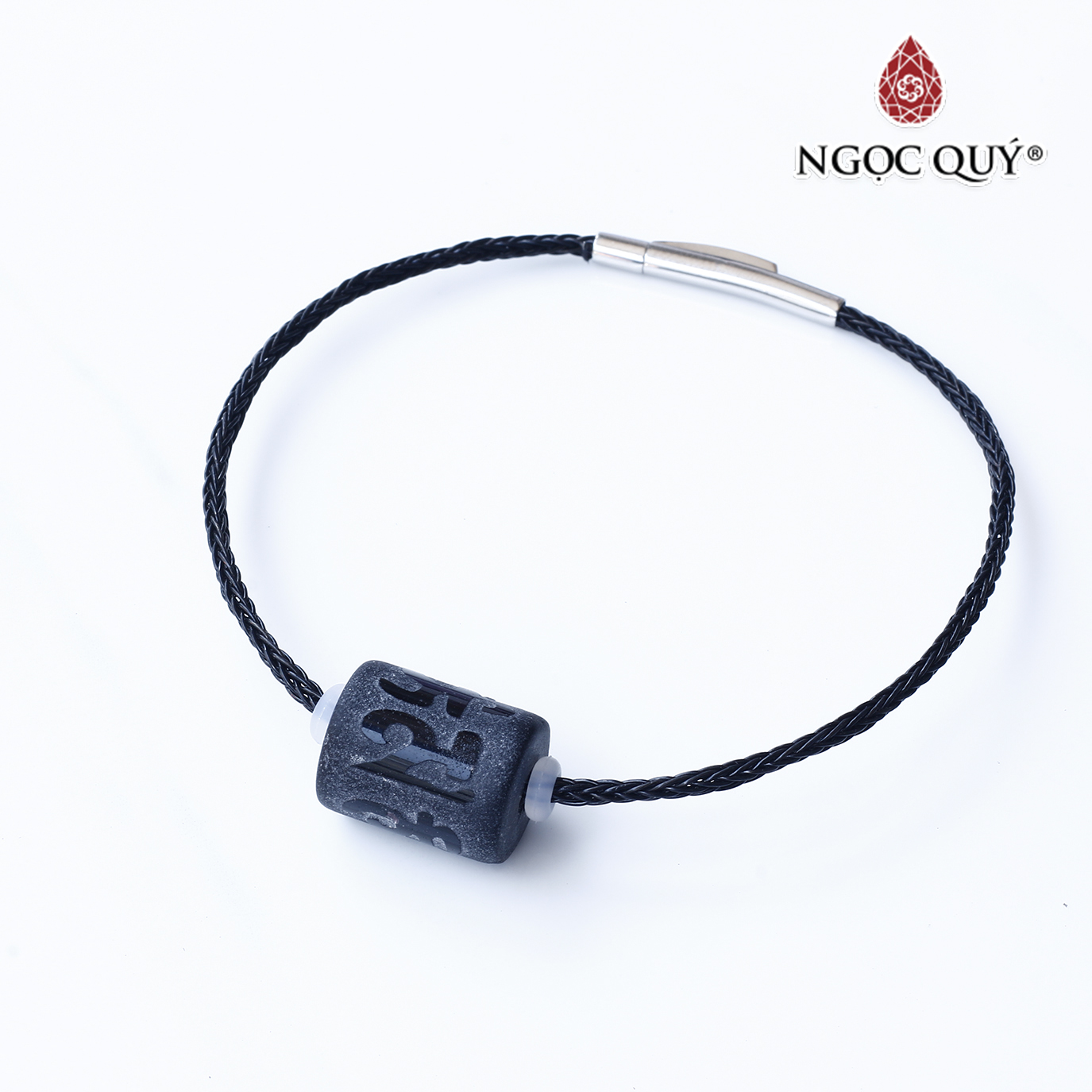 Vòng dây thép đá obsidian khắc lục tự minh chú mệnh thủy , kim - Ngọc Quý Gemstones