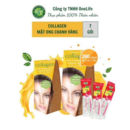 Thực Phẩm Bổ sung Collagen Mật Ong Chanh Vàng Tự Nhiên OneLife (100% Bột collagen Cá Nhật Bản) – Hộp 7 gói x 20gr/gói