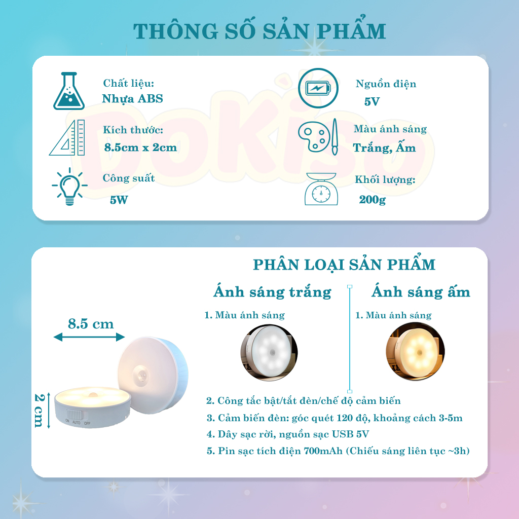 Đèn cảm biến chuyển động led hình tròn có pin sạc tự động phát sáng khi có người