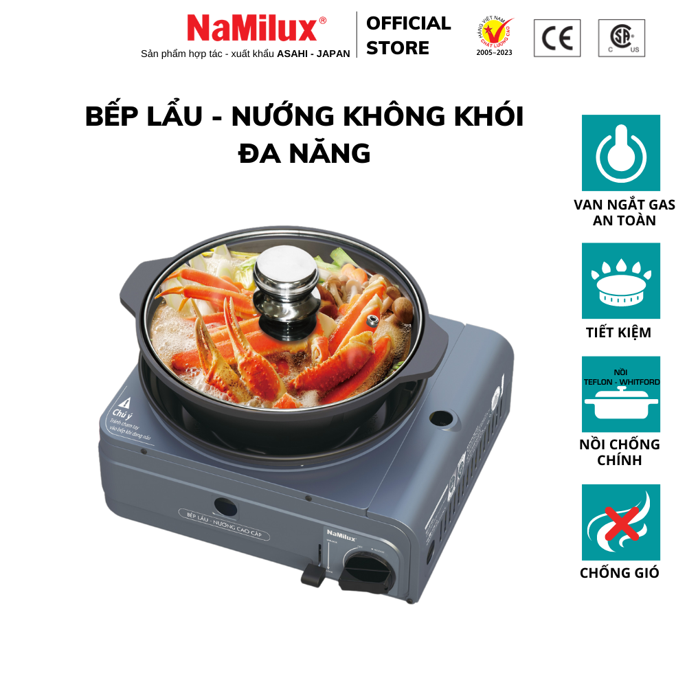 Bếp Lẩu - Nướng Áp Chảo Cao Cấp NaMilux GS2923PF│Chống Gió Siêu Việt│Nồi Chống Dính Teflon Whitford│Hàng Chính Hãng